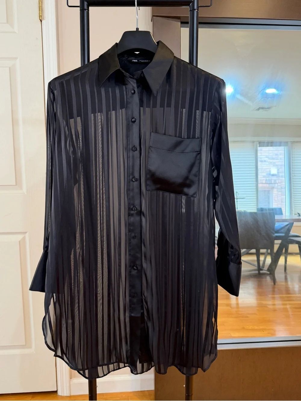 Zara Black Sheer Striped Button-Down Blouse *NWOT